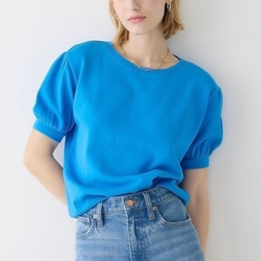J. Crew Terry Puff Sleeve Sweatshirt Vibrant Royal Blue Short Sleeve Size XL